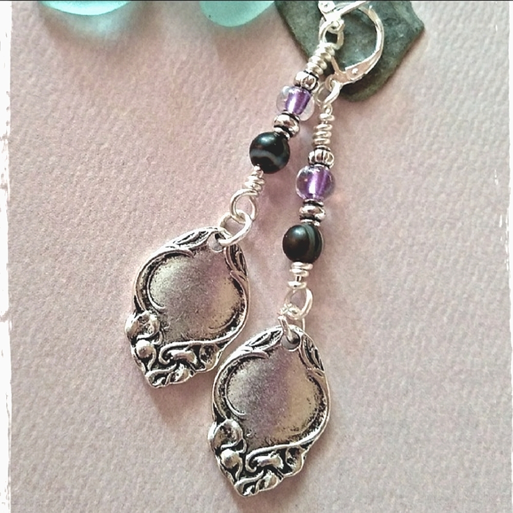 Antiqued Silver Spoon Handle & Bead Earrings